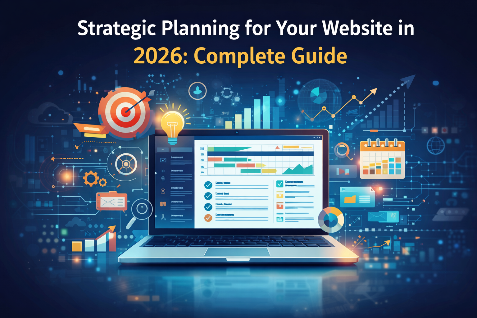 Strategic planning for websites in 2026 with a digital illustration showing a laptop surrounded by data charts, graphs, targets, gears, and technology icons, symbolizing website strategy and planning.