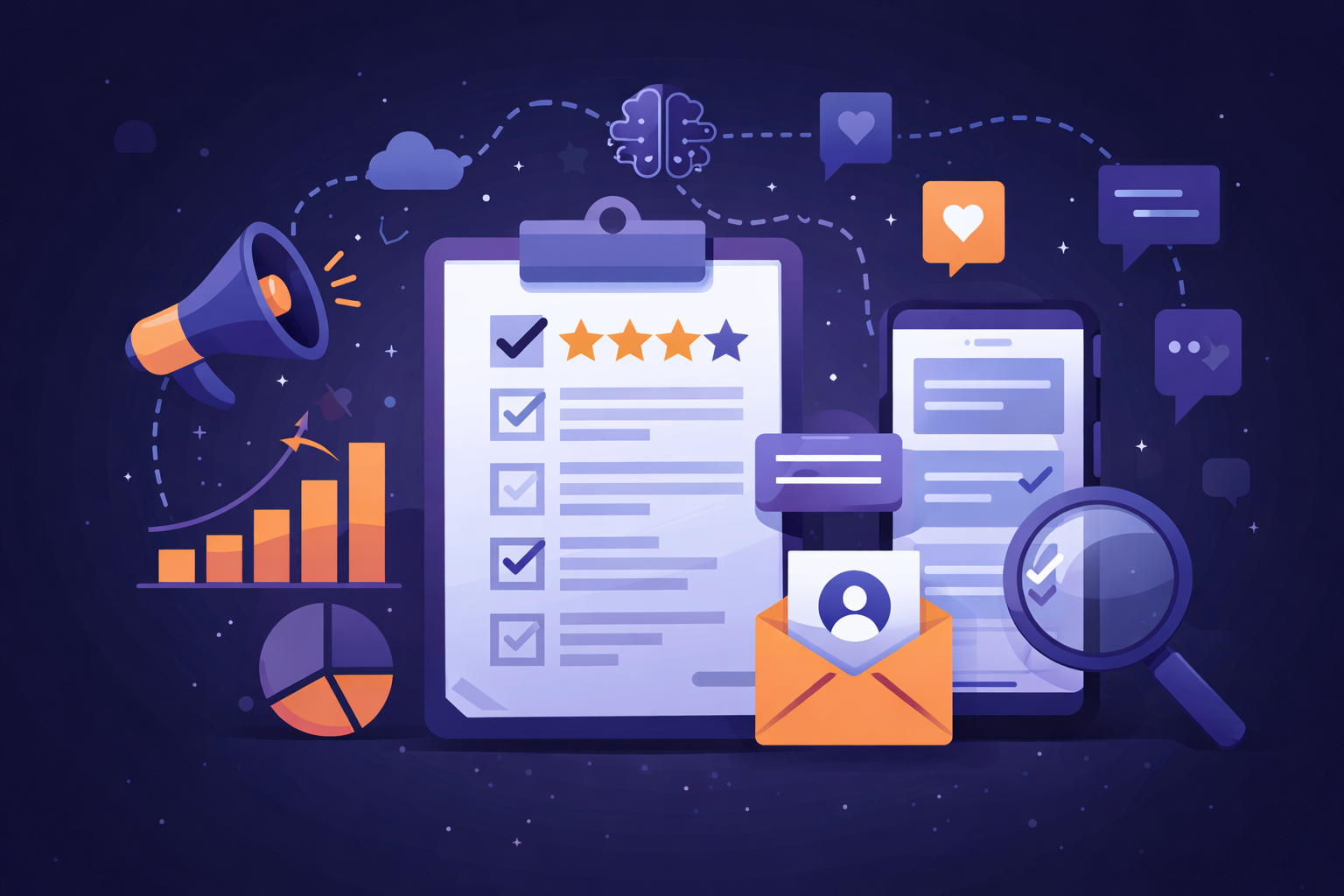A dark navy and violet digital illustration showing customer surveys, checklists, star ratings, charts, a smartphone form, and feedback icons representing customer insights and business growth in 2026.