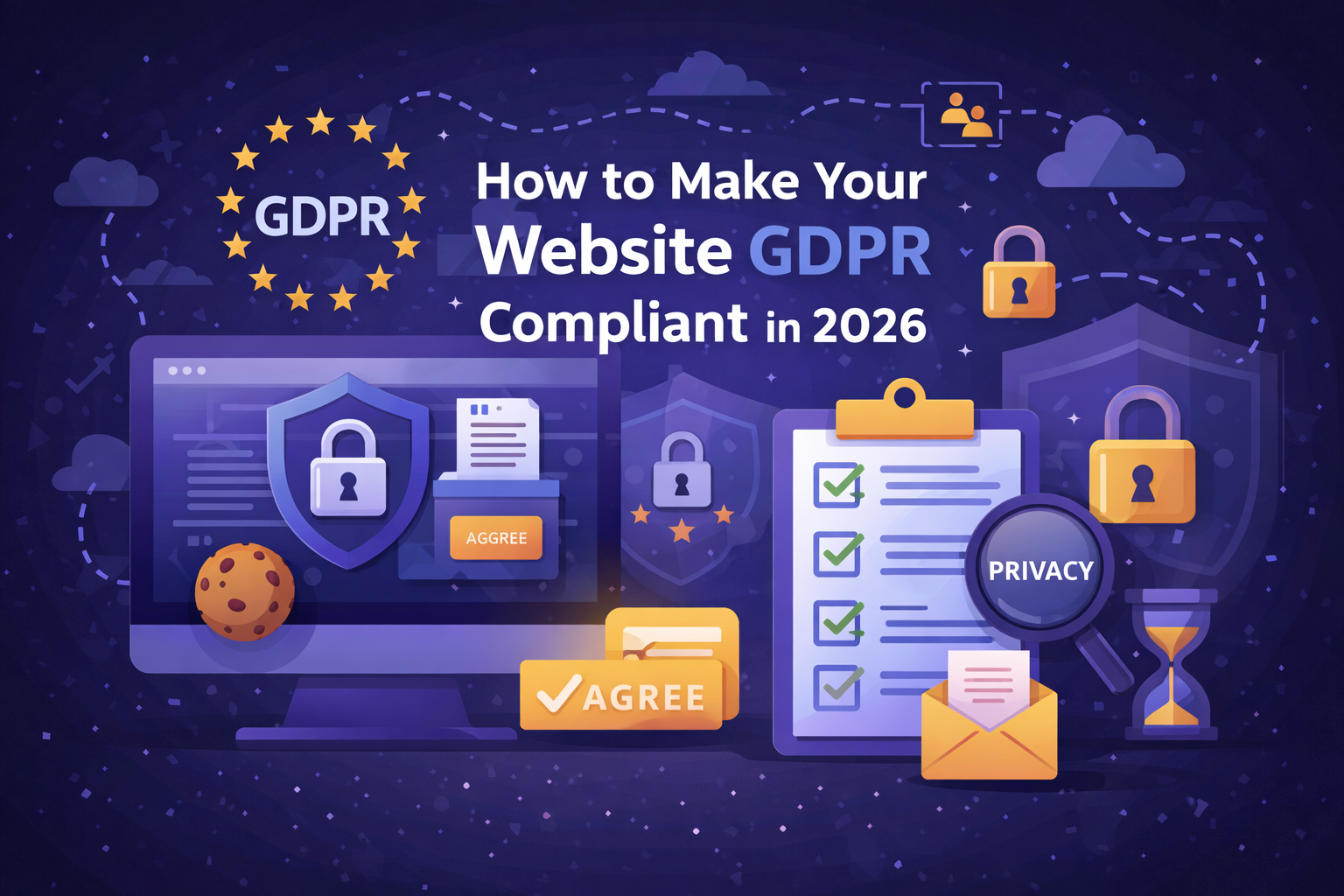 A modern 2D digital illustration showing GDPR website compliance in 2026, featuring a computer with a security shield, cookie consent banner, privacy checklist, locks, and data protection icons in blue and orange tones.