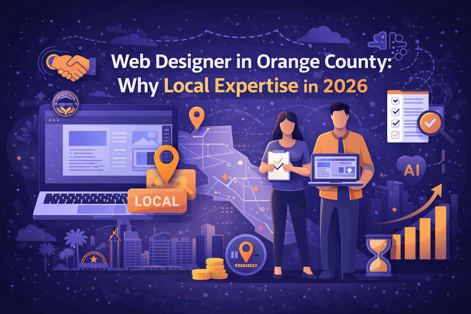 A dark navy and violet digital illustration highlighting local web design expertise in Orange County, featuring designers with laptops, location markers, OC skyline elements, checklists, and growth charts representing strategy, AI, and local business success in 2026