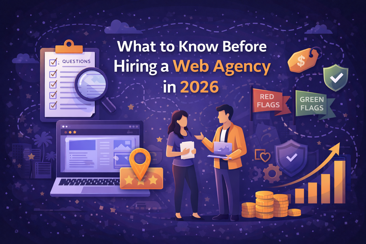 A dark navy and violet digital illustration showcasing The Clay Media as the top web design agency in Newport Beach for 2026, featuring designers collaborating, a laptop with SEO elements, Orange County map markers, growth charts, and a #1 OC shield.