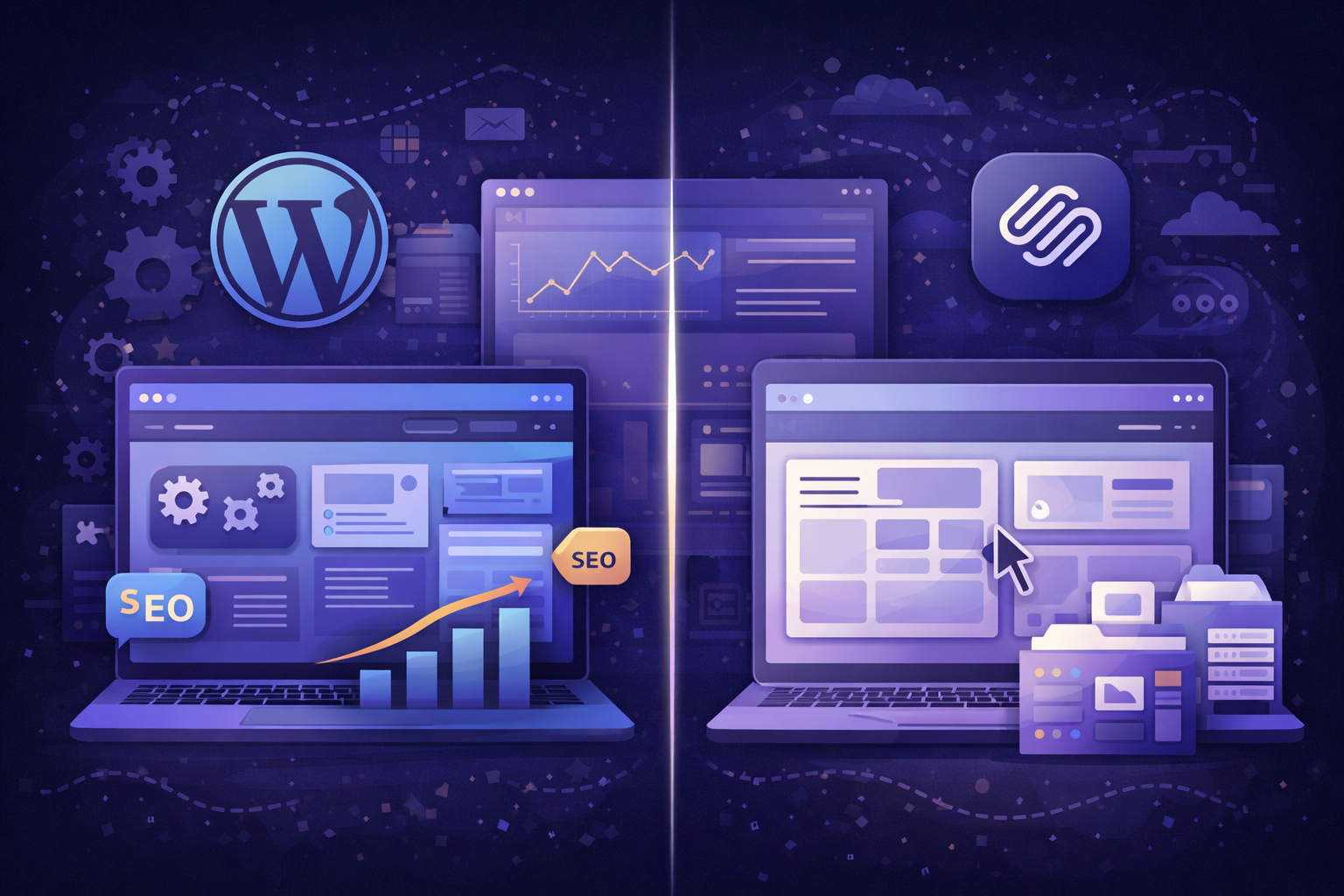 A modern flat digital illustration comparing WordPress and Squarespace in 2026, showing two split-screen website builders with icons representing customization, templates, SEO, plugins, and ease of use in a dark navy and blue gradient style.