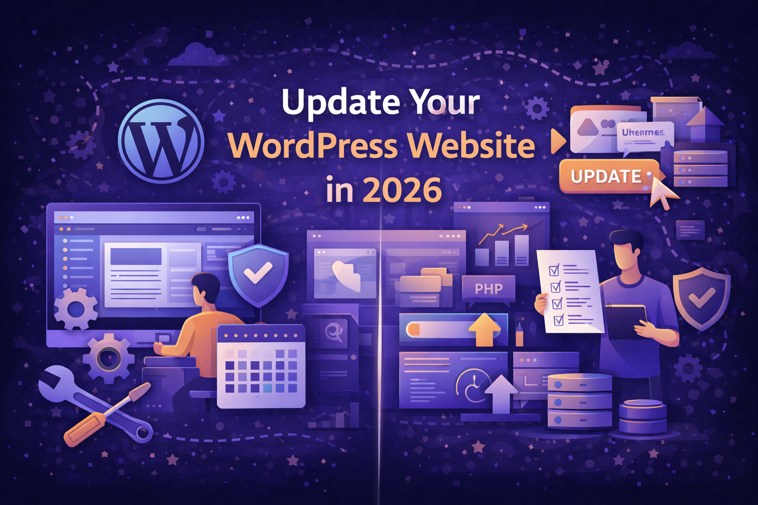 A modern flat-style digital illustration showing the WordPress update process in 2026, with icons for security, backups, plugins, themes, and website maintenance tools in blue and purple tones.