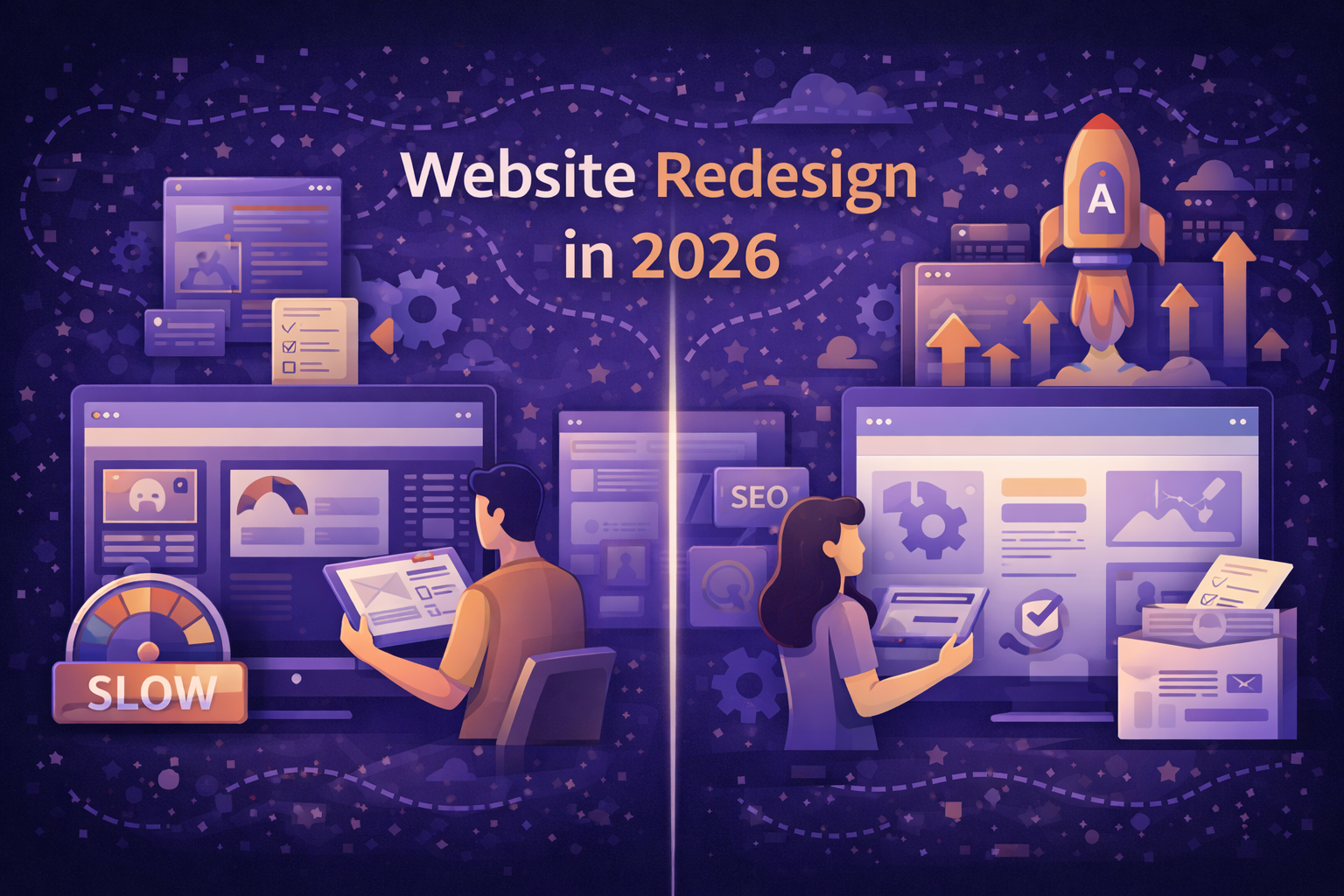 A modern flat-style digital illustration comparing an outdated slow website with a redesigned, fast, optimized 2026 website, featuring UI screens, speed icons, SEO elements, and upgrade symbols in dark navy and purple tones.