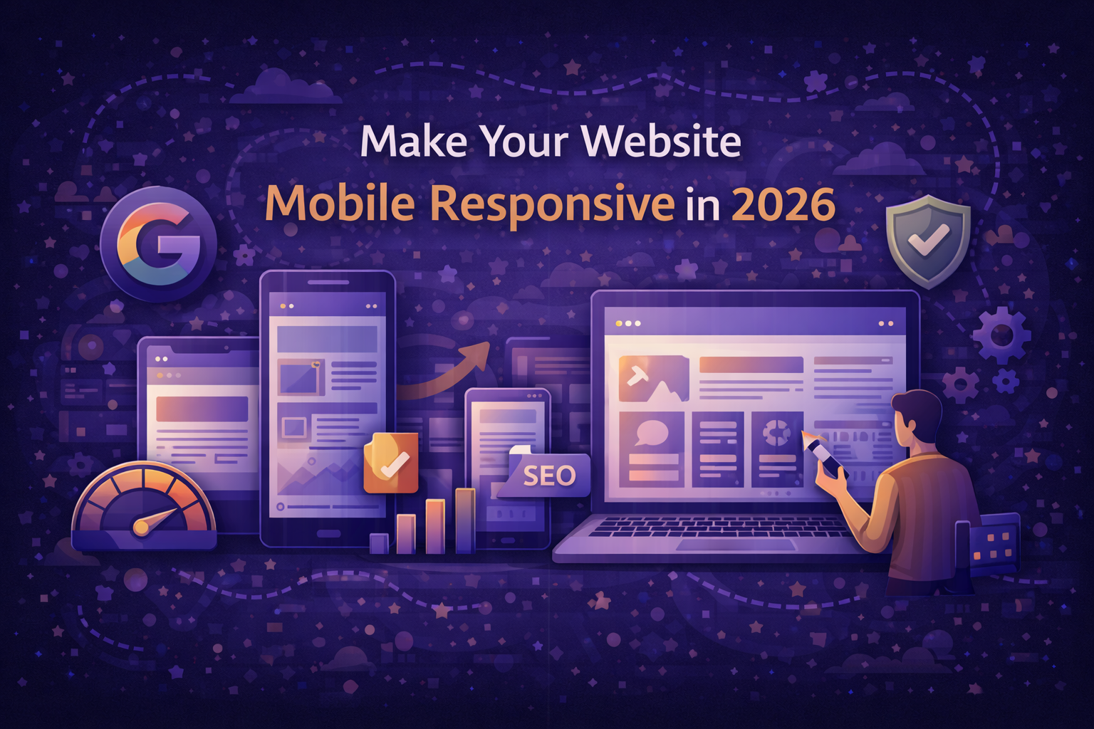 A dark, modern flat-style illustration showing mobile responsiveness across devices, including a smartphone, tablet, and laptop, with UI layouts, speed icons, SEO symbols, and touch-friendly elements representing mobile optimization in 2026.