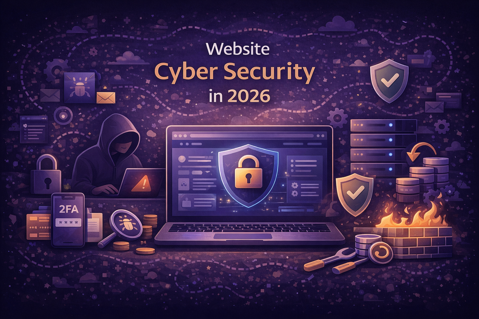 A dark, modern flat-style digital illustration showing website cyber security in 2026, featuring a laptop with a security shield, a hacker silhouette, firewalls, servers, 2FA icons, malware scanning symbols, and protective shields in purple and gold tones.