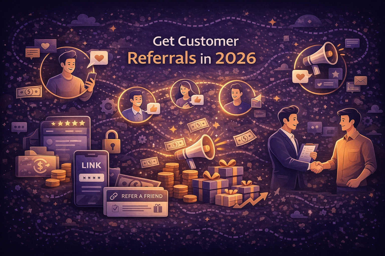 A modern flat-style 16:9 digital illustration showing how customer referrals work in 2026, featuring people sharing recommendations, referral icons, rewards, mobile referral links, and a handshake symbolizing business growth.