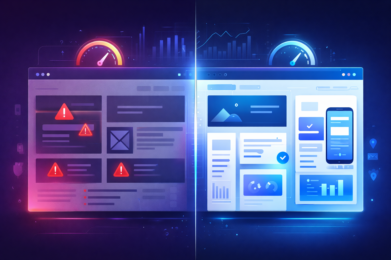 A split-screen digital illustration comparing an outdated, broken website on the left with a modern, fast, mobile-optimized 2026 website on the right, separated by centered analytics charts and speed indicators.