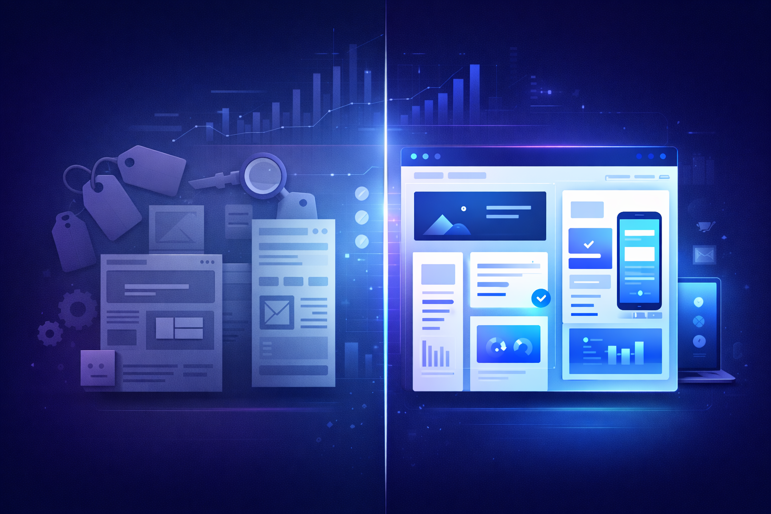 A centered 16:9 digital illustration comparing low-budget and premium Orange County website designs. The left side shows simple budget icons like tags, wireframe cards, and basic tools in muted tones, while the right side displays polished, modern UI cards representing high-end custom websites. A soft glowing vertical divider with analytics elements separates the two. Color palette uses deep navy, blue, and violet gradients in a clean, minimal style.