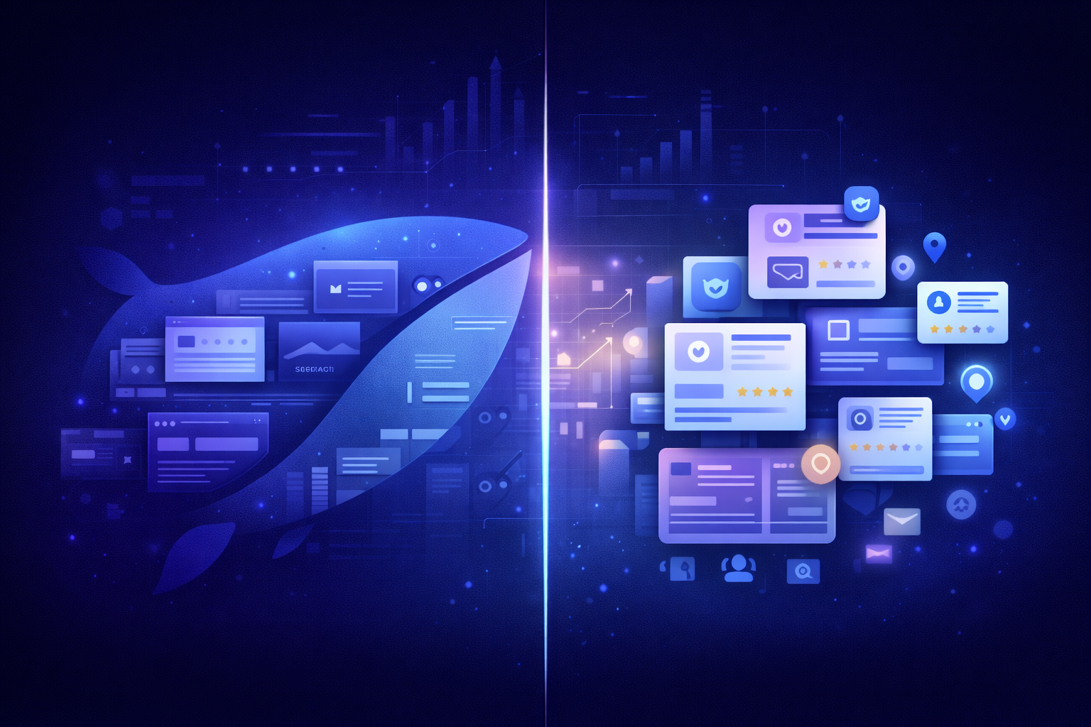 “A modern 16:9 digital illustration of a glowing whale made of high-authority website UI elements on the left, with smaller business profile cards attaching to it like barnacles on the right, separated by a vertical glowing divider with search and analytics graphics, in deep navy, blue, and violet gradients.