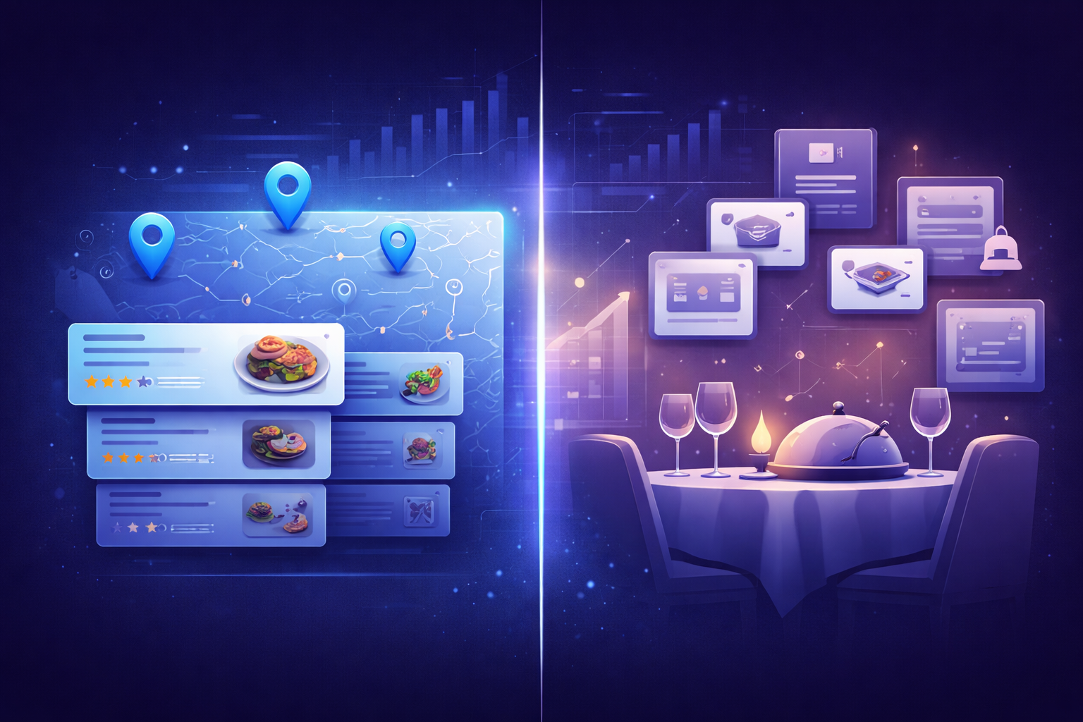 Digital illustration of restaurant SEO with local search map and restaurant UI elements separated by a glowing divider.