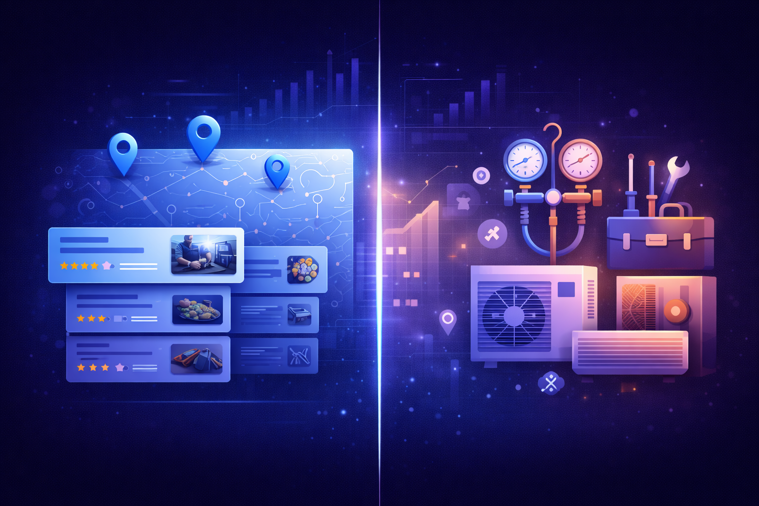 A modern split-screen digital illustration showing HVAC SEO in 2026. The left side displays a glowing digital map with location pins, local search result cards, and ranking indicators. The right side features HVAC equipment icons including gauges, a toolkit, and air conditioning units. A vertical glowing divider separates both sides, all in deep navy, blue, and violet gradients.