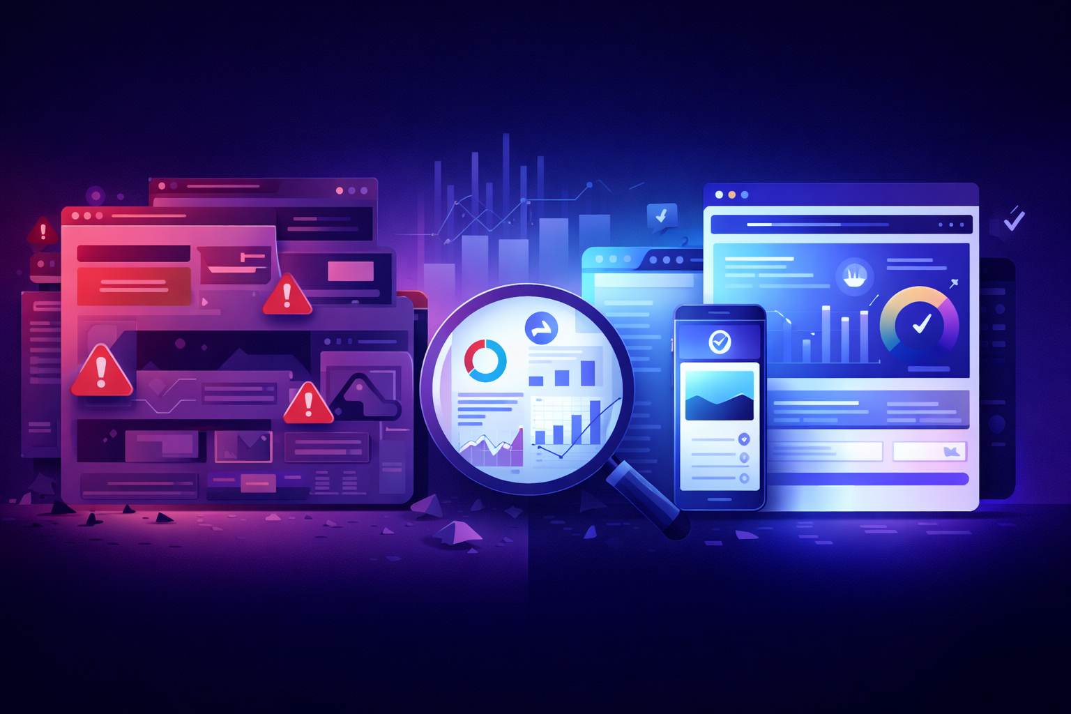 A split-screen digital illustration comparing an outdated, cluttered, slow website interface with warning icons on the left and a modern, fast, mobile-responsive 2026 website interface on the right, connected by analytics charts and a magnifying-glass audit element in the center.