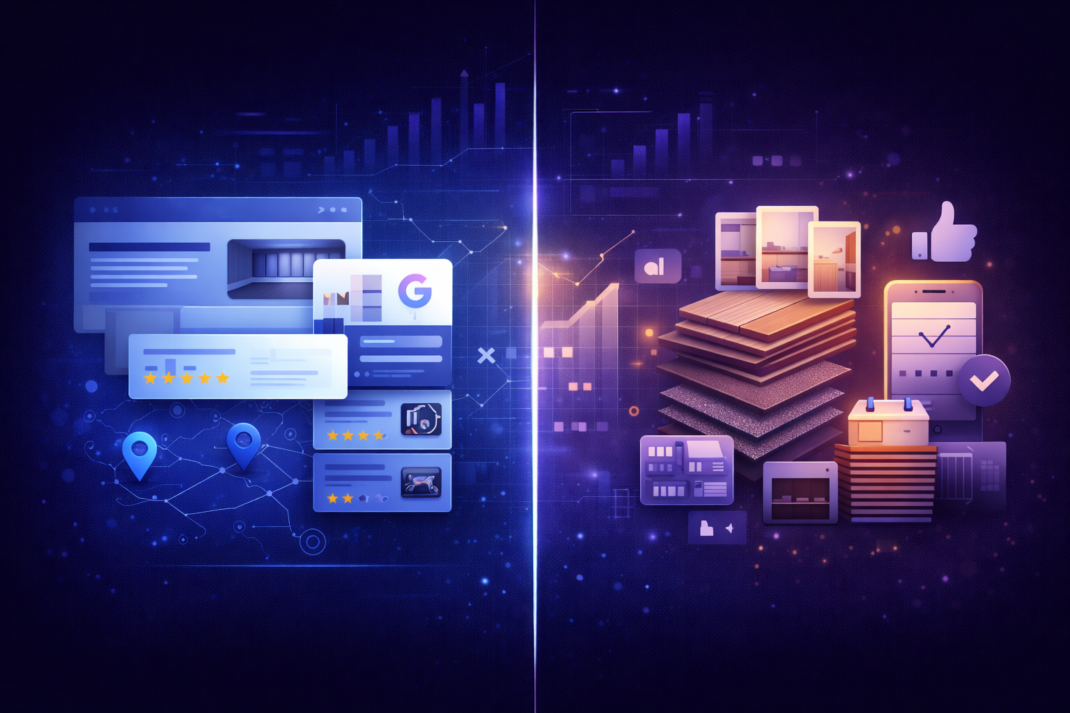 A modern split-screen 16:9 digital illustration showing flooring business marketing in 2026. The left side features digital marketing elements such as website UI cards, map pins, reviews, and Google-style rating panels in deep navy and blue gradients. The right side displays stacked flooring materials, project photos, and mobile booking icons in warm lighting. A glowing vertical divider separates both sides, representing strategy and growth.