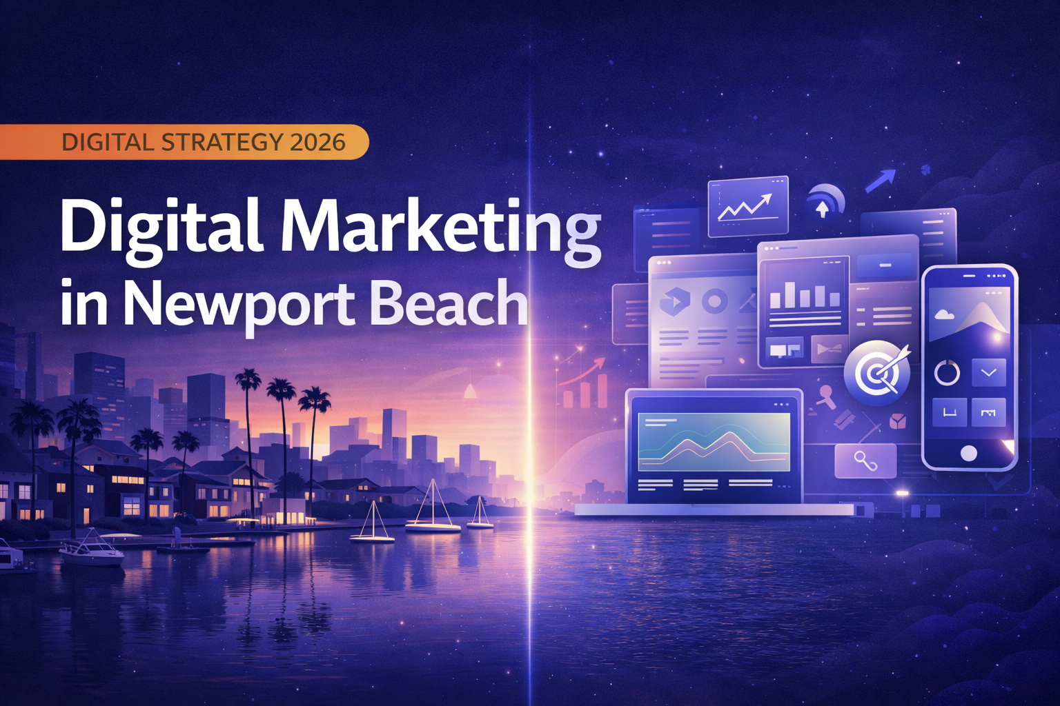 A 16:9 banner showing a Newport Beach harbor at dusk with palm trees and sailboats, overlaid with the title “Digital Marketing in Newport Beach” and a “Digital Strategy 2026” label, plus floating analytics and device UI graphics on the right.