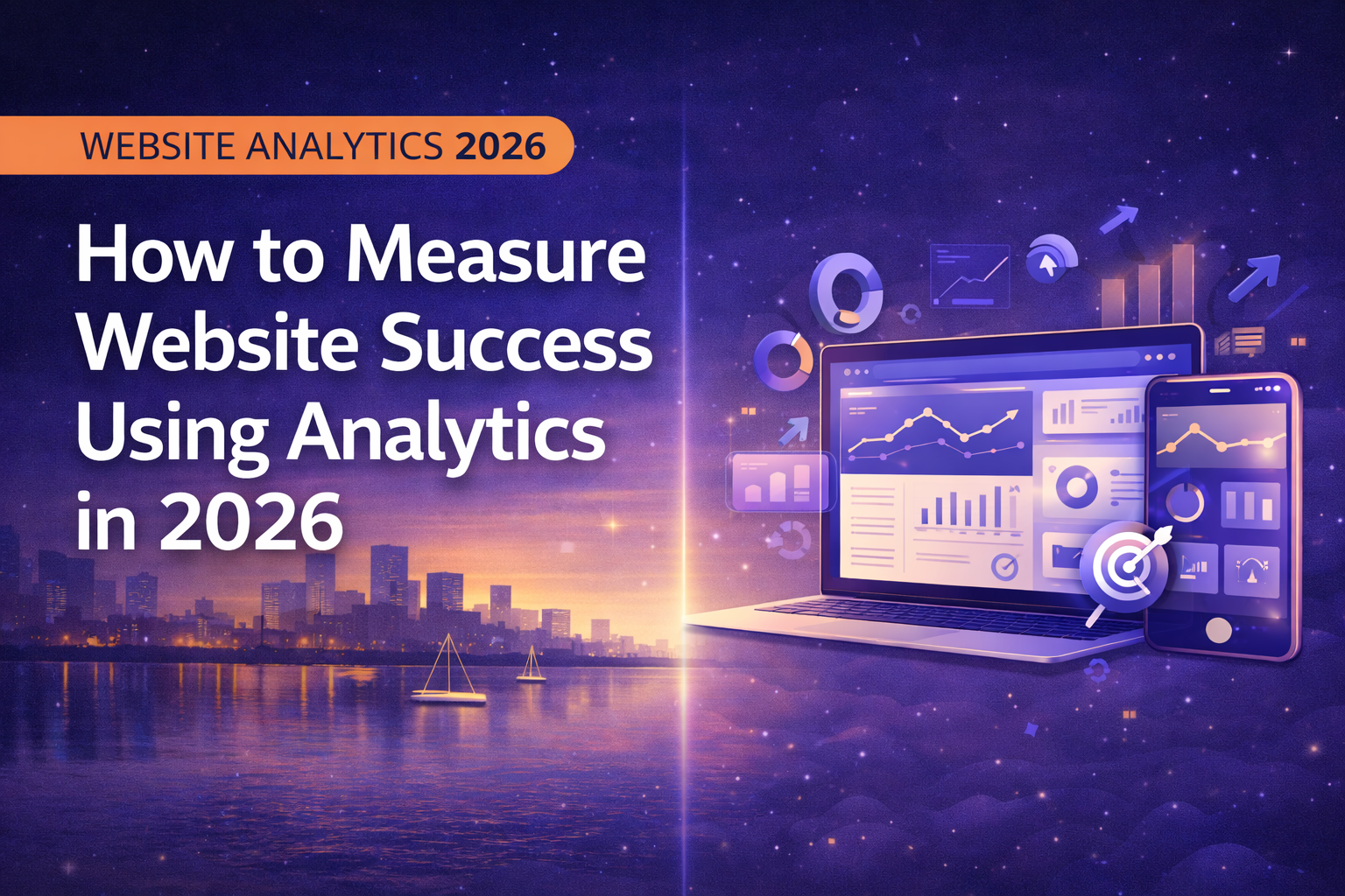 A 16:9 banner with a night skyline over water and a “Website Analytics 2026” label, showing a laptop and phone displaying charts and dashboards alongside floating analytics icons, representing measuring website success with analytics.