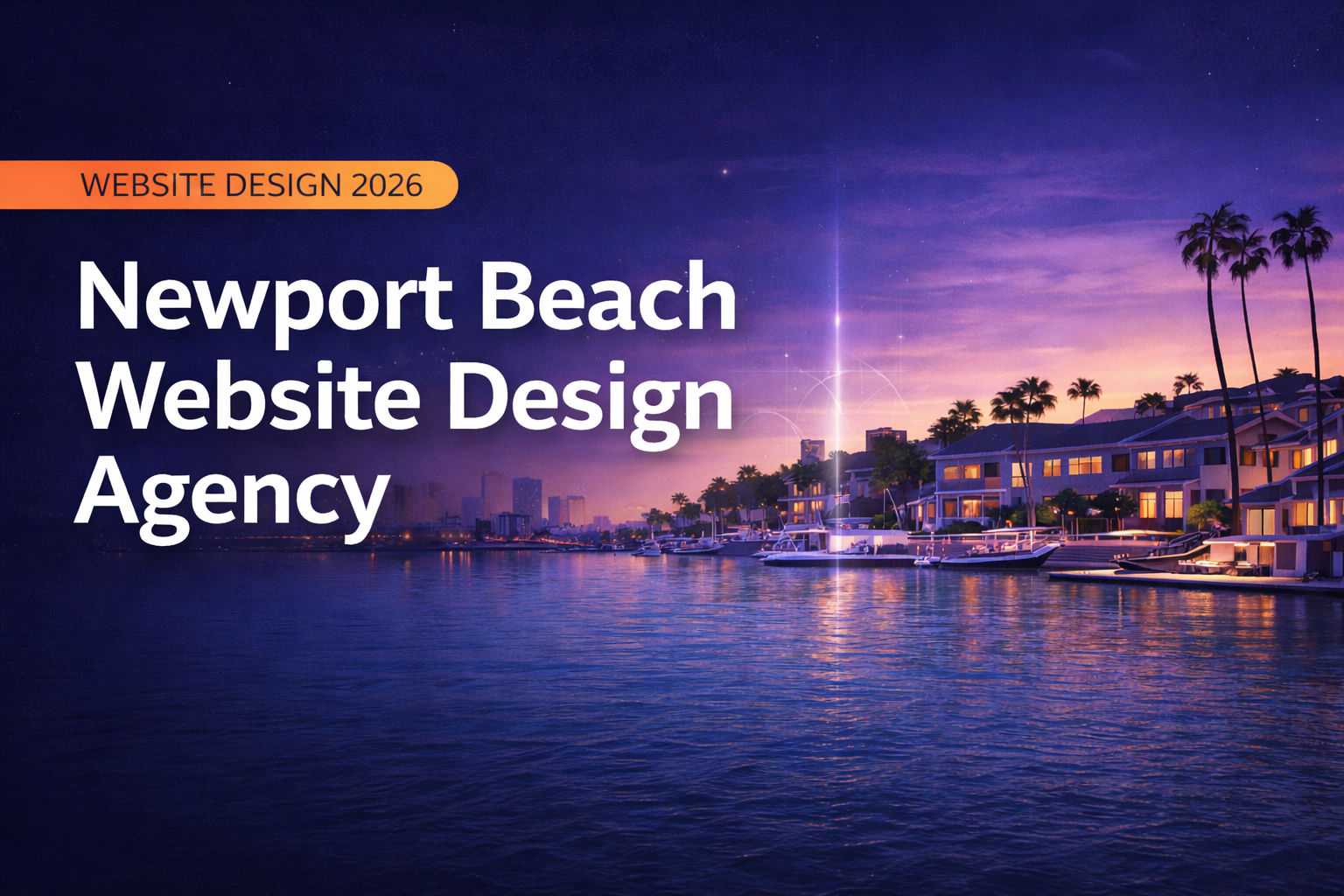 A 16:9 banner image with a twilight Newport Beach harbor scene, palm trees and waterfront homes, overlaid with the headline “Newport Beach Website Design Agency” and a “Website Design 2026” label in deep navy and orange.