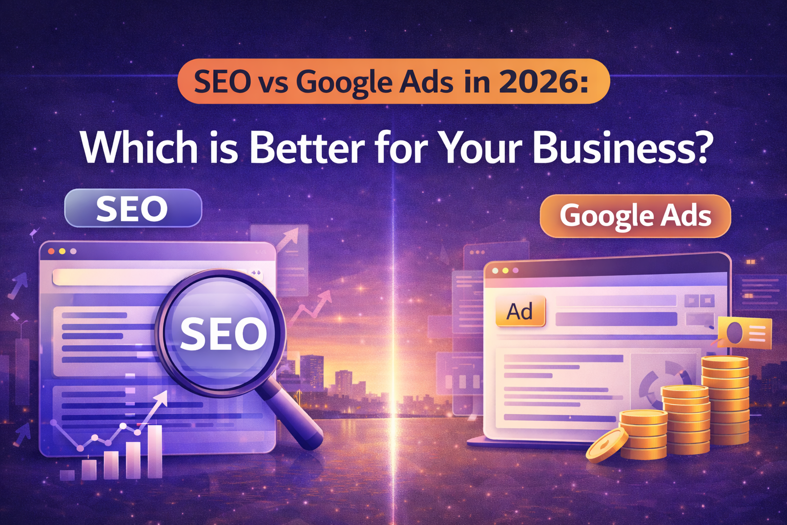 A 16:9 split comparison banner showing “SEO” on the left with a search results window and magnifying glass, and “Google Ads” on the right with an ad-style results window and stacked coins, separated by a glowing divider in a purple-to-orange gradient night city background.