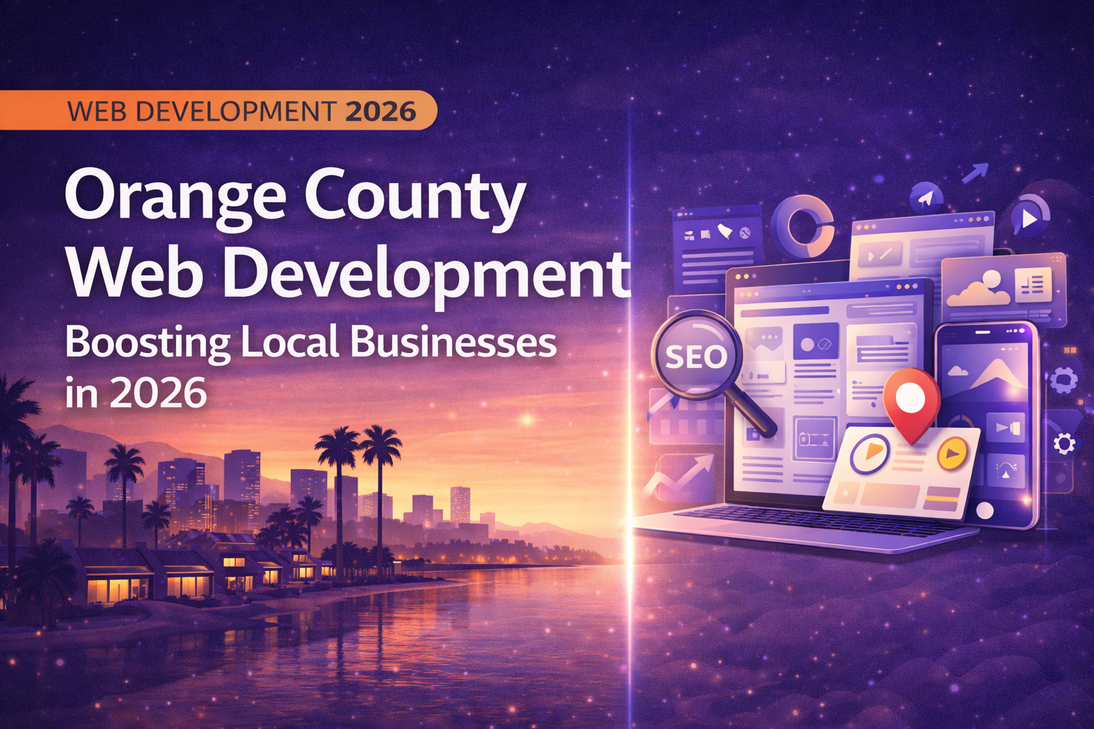 A modern 16:9 digital banner illustrating Orange County web development in 2026, featuring a coastal skyline with palm trees on the left and floating website UI screens, a laptop, and mobile-first interface elements with subtle SEO and analytics accents on the right in deep navy, blue, and violet gradients.