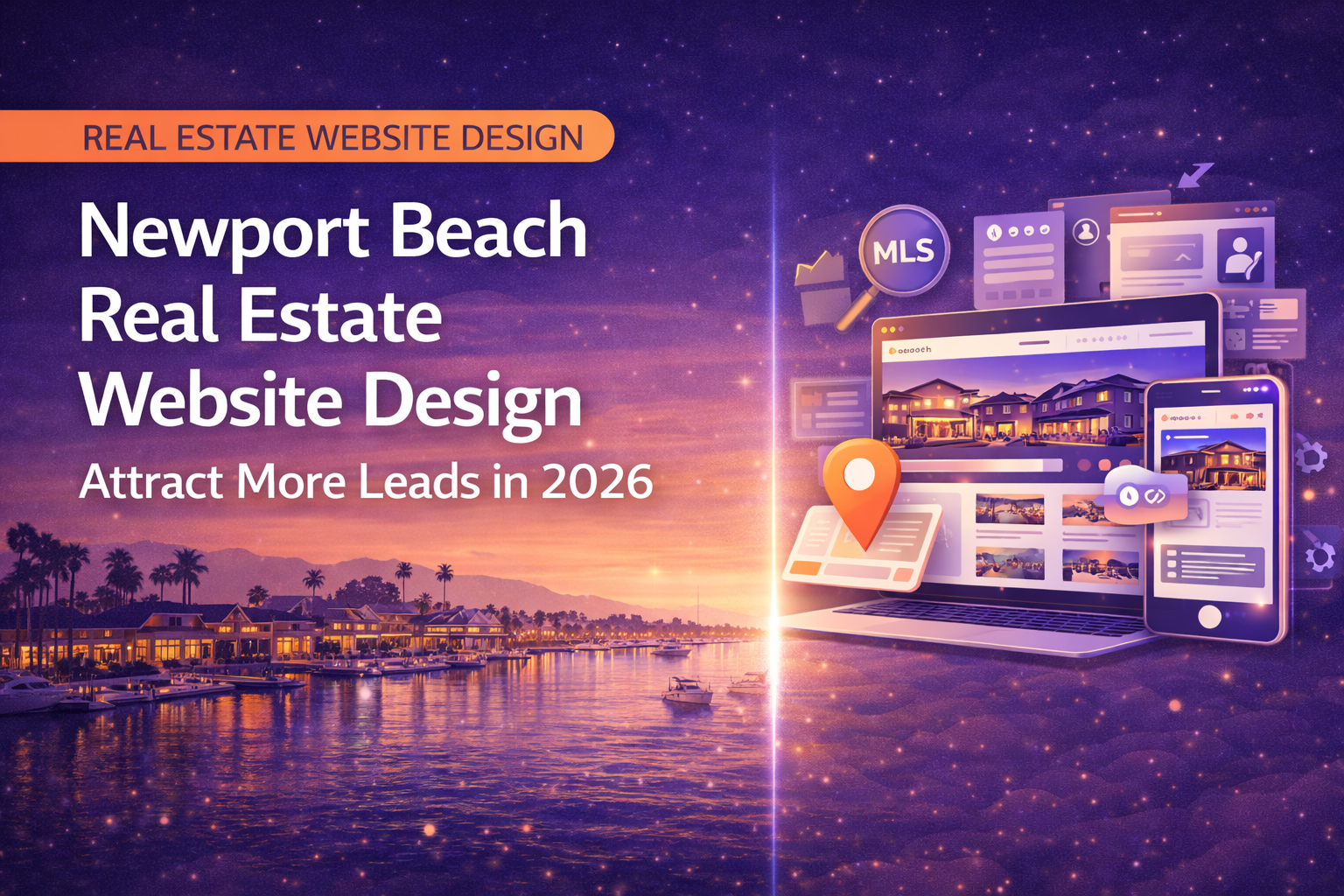 Newport Beach real estate website design featured image showing a luxury harbor at sunset with waterfront homes and yachts, alongside a laptop and smartphone displaying real estate listing pages with MLS/search UI elements, representing lead generation and modern web design for 2026.