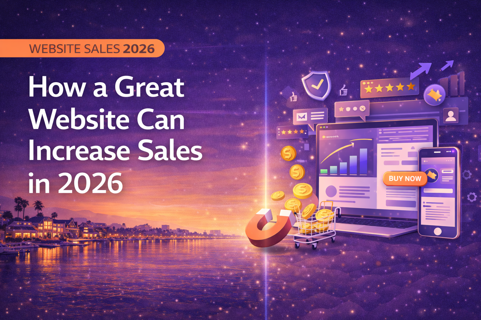 Modern 16:9 blog banner with a split scene: on the left, a sunset waterfront with palm trees and a “Website Sales 2026 / How a Great Website Can Increase Sales in 2026” headline; on the right, a laptop and smartphone showing e-commerce screens, charts, star reviews, upward arrows, coins, and a magnet pulling a shopping cart—symbolizing higher conversions and revenue growth.