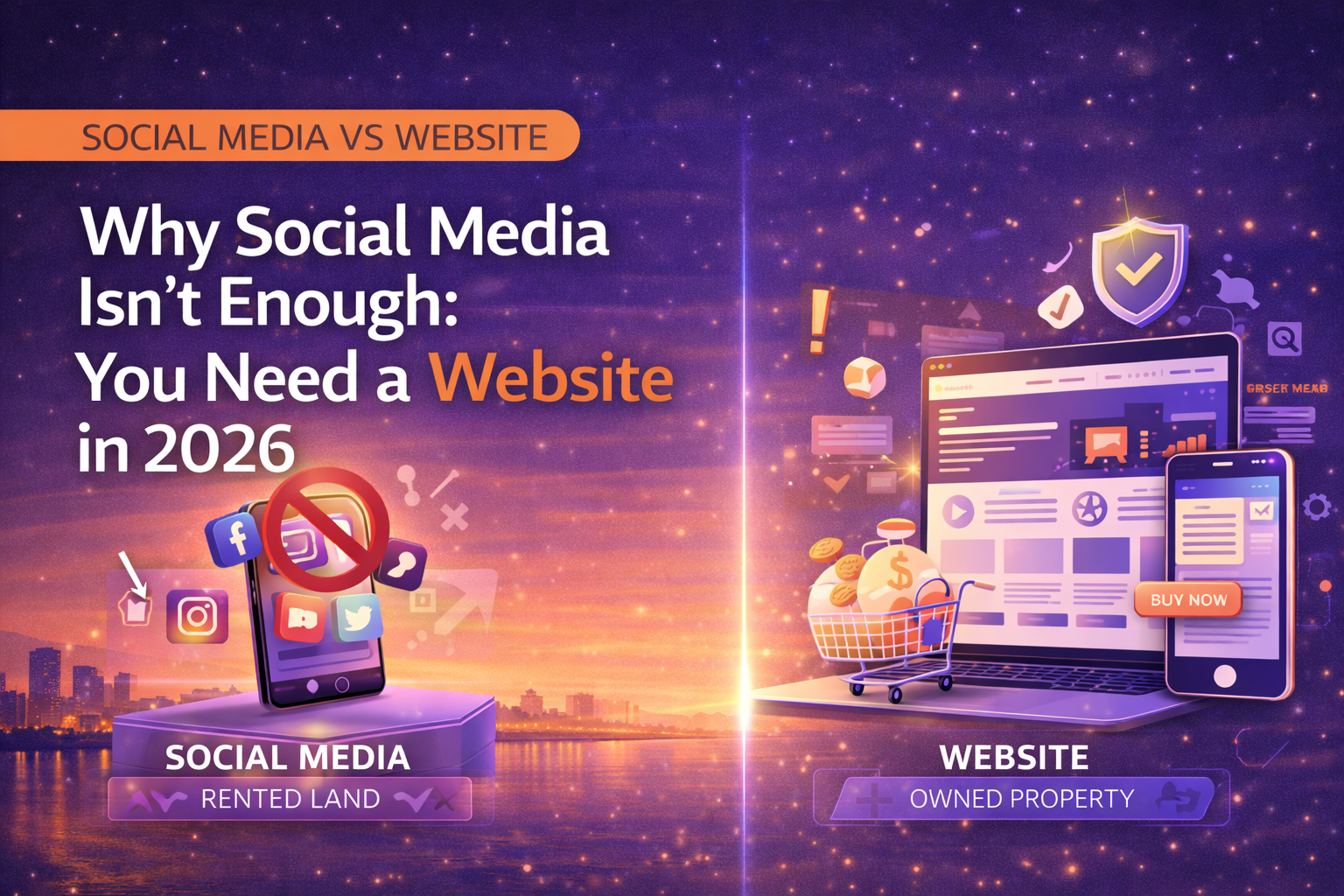 Split-screen digital illustration contrasting “rented” social media and an “owned” website: a smartphone with social icons crossed out on the left, and a laptop showing a professional website with a security shield, shopping cart, and coins on the right against a purple–orange gradient background.
