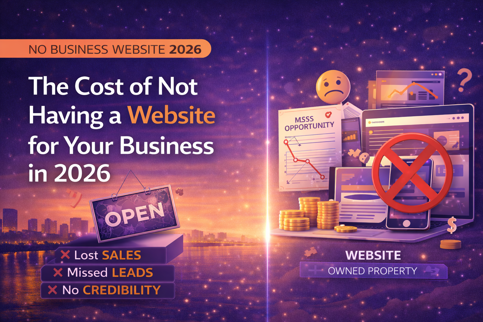 Digital banner showing the cost of not having a business website in 2026, with a twilight city background, “Open” sign, missed-opportunity report, declining analytics charts, and icons representing lost sales, missed leads, and reduced credibility.