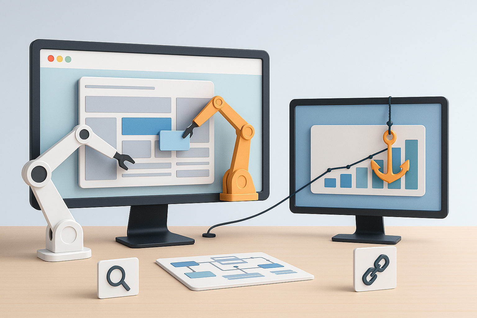 Two monitors show a website redesign and a rising SEO chart, with robotic arms adjusting the layout.