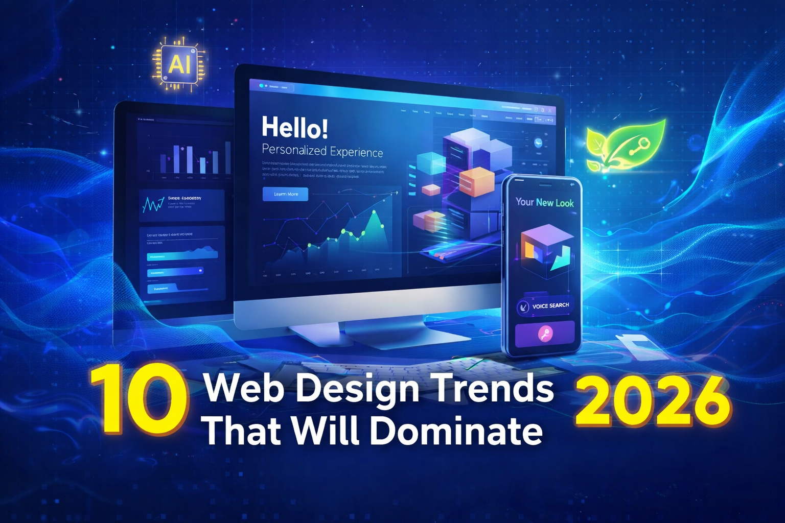 Futuristic web design illustration showing desktop and mobile screens with AI personalization, 3D interface elements, voice search, and eco-friendly design icons for 2026 trends.