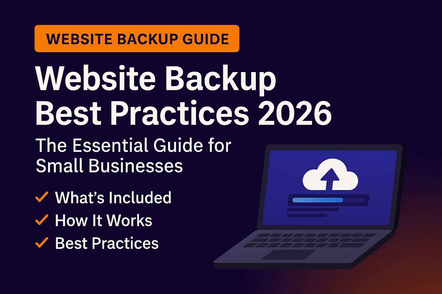 Featured image: Website Backup Best Practices 2026 guide with checklist and laptop backup dashboard.