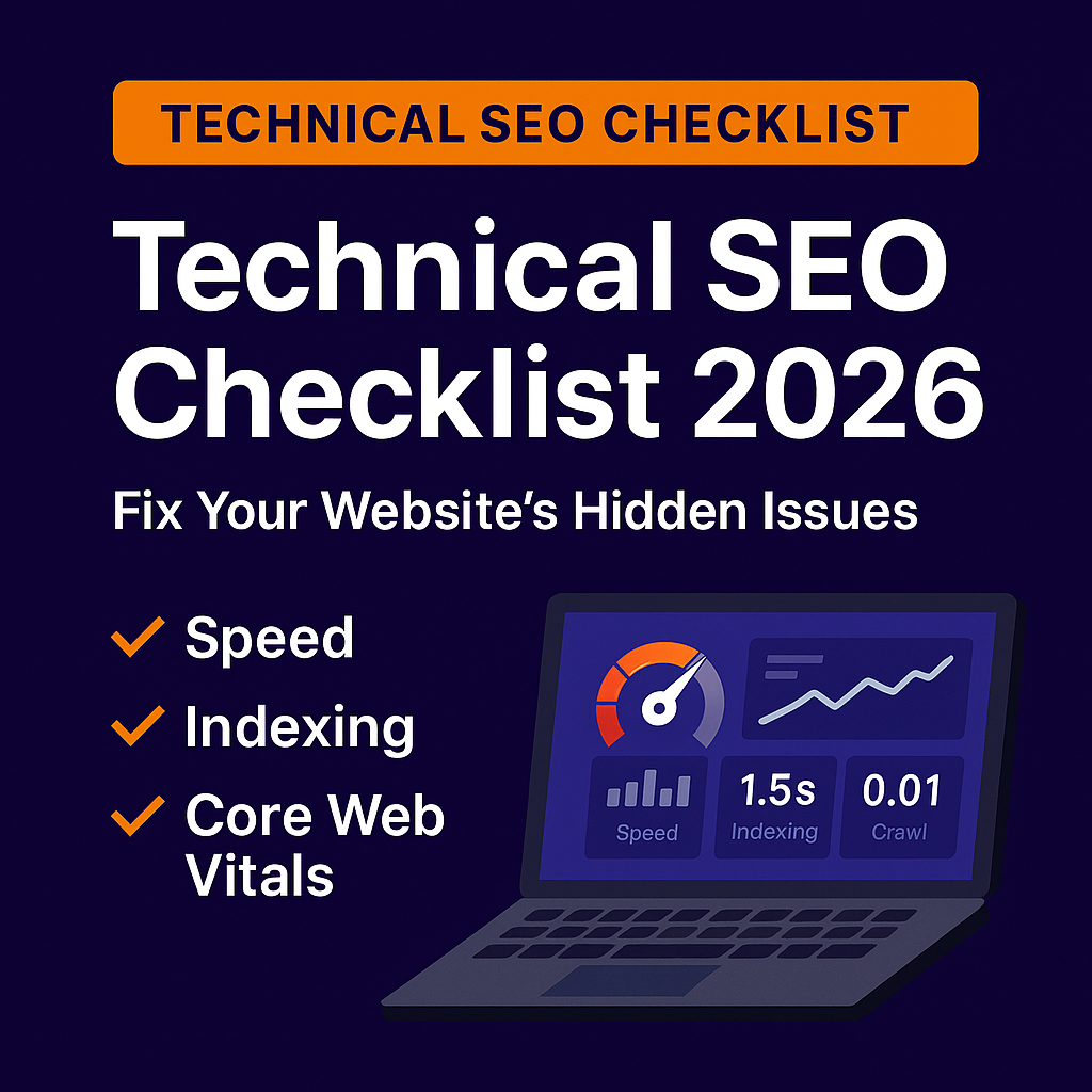 Technical SEO Checklist 2026 featured image with checklist icons and website performance dashboard.