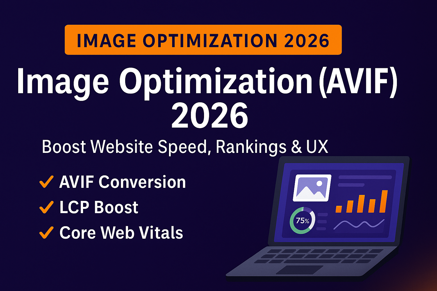 “Image Optimization (AVIF) 2026 featured graphic with deep navy background, orange label, bold headline, AVIF conversion checklist, and laptop dashboard showing image performance metrics for website speed and Core Web Vitals improvement.”