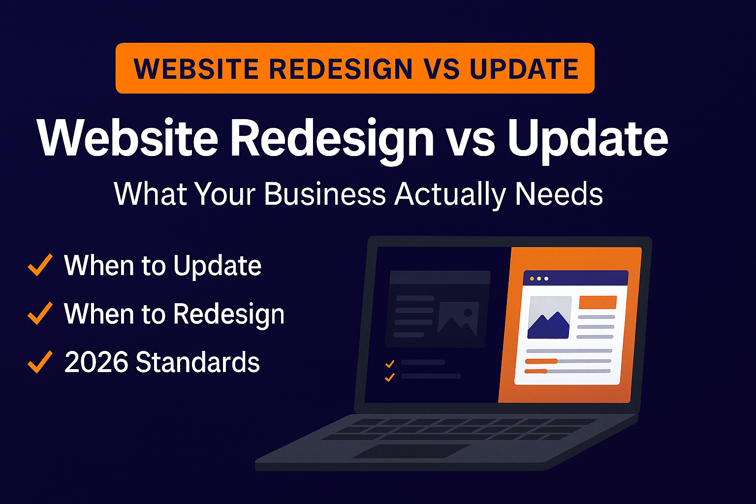 Website Redesign vs Update 2026 featured image showing comparison checklist and split-screen website designs on a laptop, with navy-blue Clay Media branding and orange highlight label.