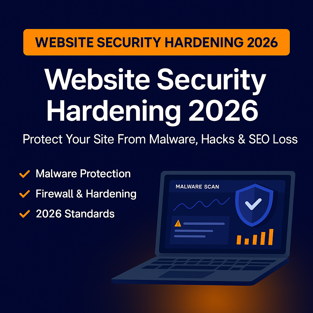 Website Security Hardening 2026 graphic with shield and laptop dashboard, showing security metrics, malware protection checklist, and modern navy-blue branding with orange highlights