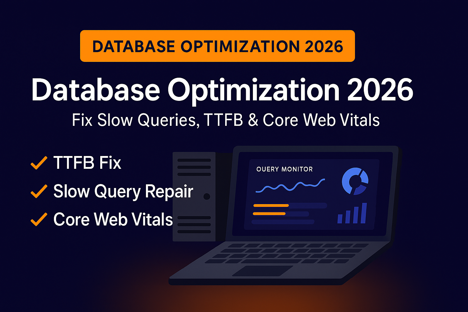 Database Optimization 2026 featured image with orange banner, bold title, performance checklist, and laptop dashboard illustration, in The Clay Media’s branded navy-blue style.” Short, descriptive, includes the target keyword, and meets Google image-SEO standards without keyword stuffing.
