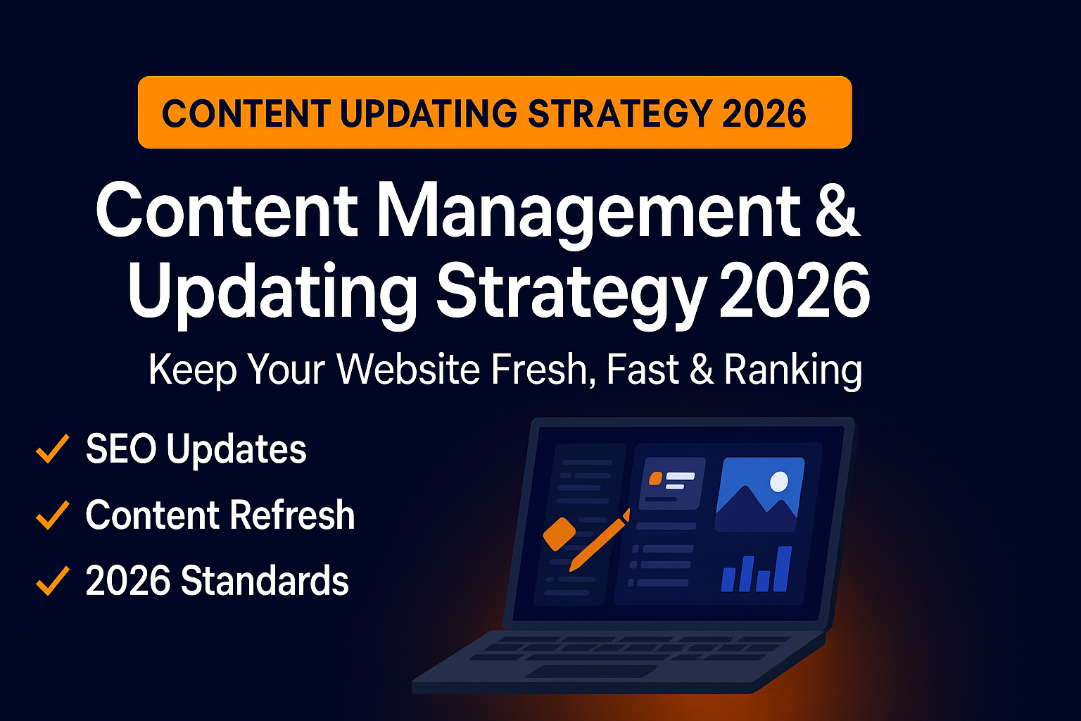 Content Management & Updating Strategy 2026 graphic with checkmarks for SEO updates, content refresh, and 2026 standards, styled in The Clay Media branding.