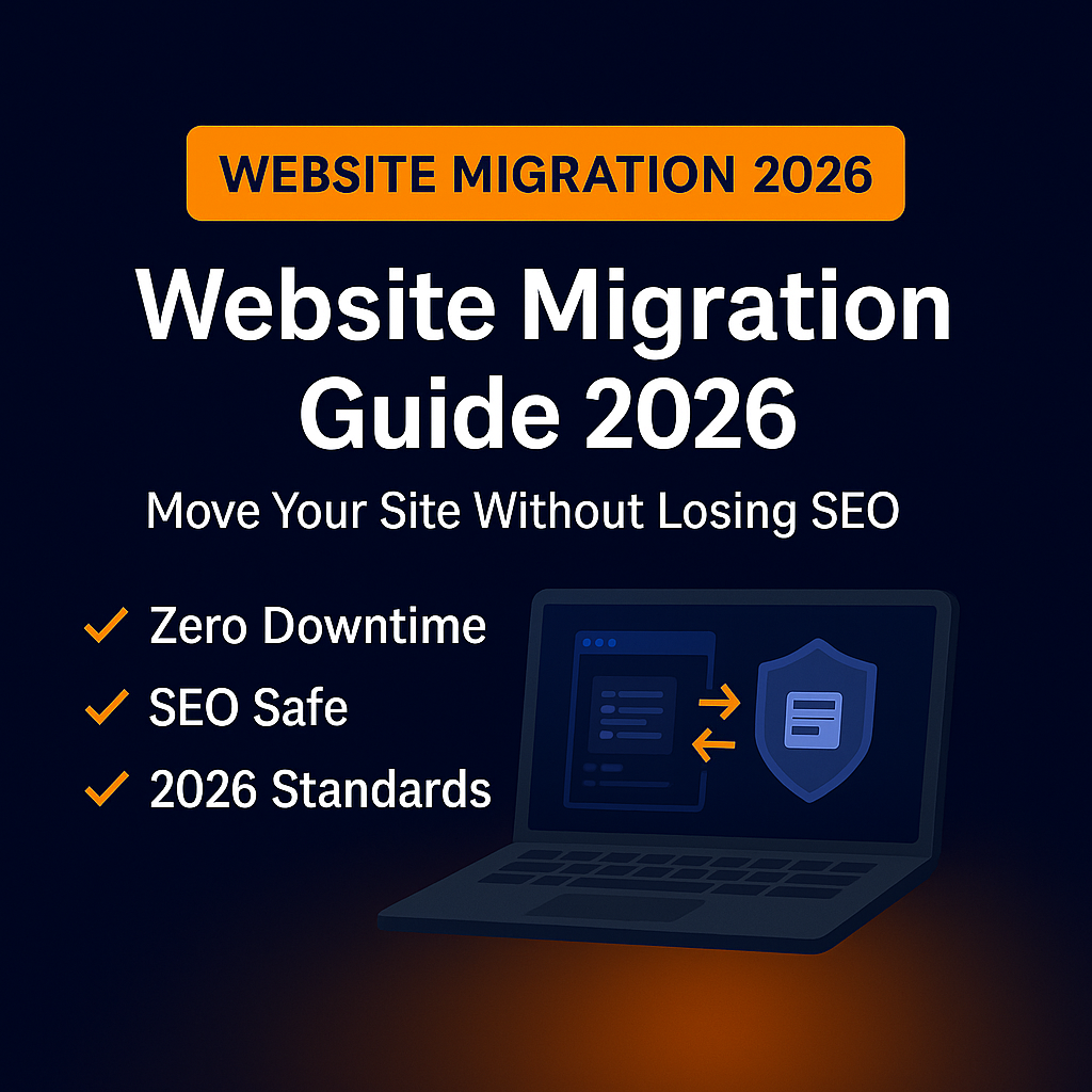 Database-safe website migration graphic showing laptop and server icons with 2026 migration checklist elements, in The Clay Media branded style