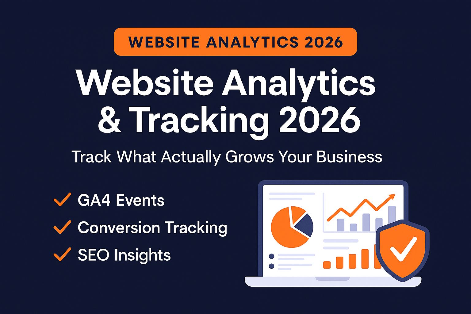 Website Analytics & Tracking 2026 featured image showing dashboard graphs and GA4 metrics on a deep navy background.