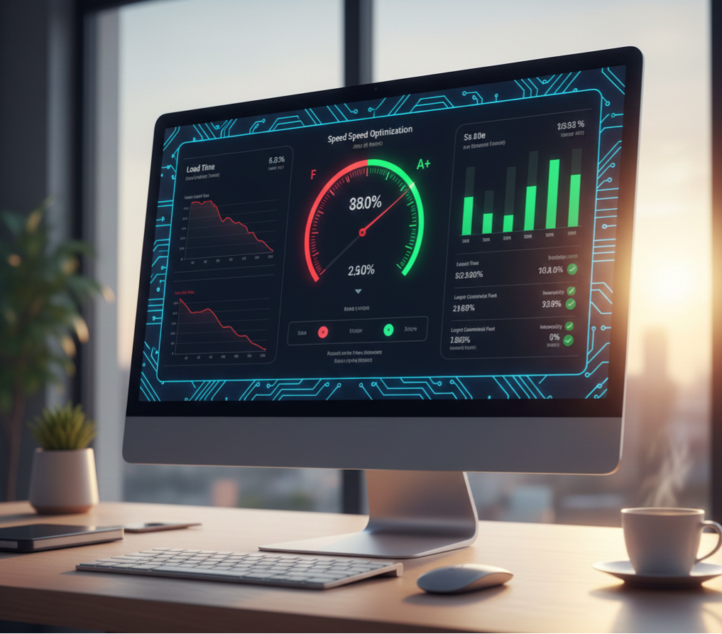 Website speed optimization dashboard showing faster load time after fix website loading slow service.
