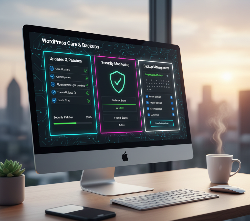 WordPress website updates and backups service dashboard showing security patches, plugin updates, and backup scheduling