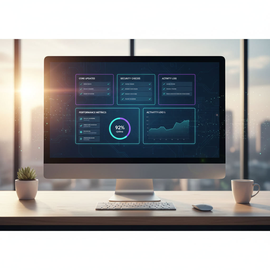 ow much does it cost to update a website every month showing modern dashboard with updates security and performance metrics