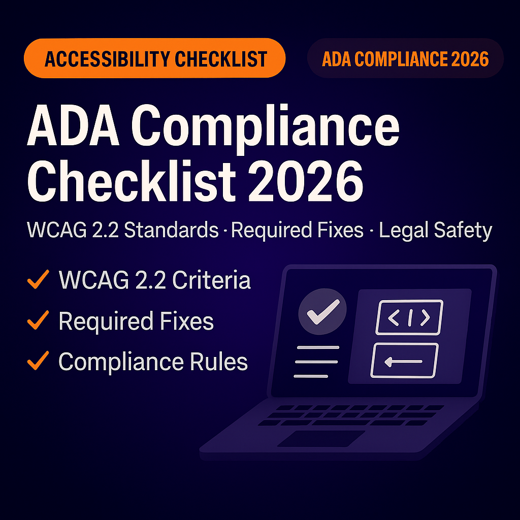 ADA Compliance Checklist 2026 featured image with accessibility icons, orange labels, WCAG 2.2 checklist items, and a laptop illustration in The Clay Media’s 2026 design style.”