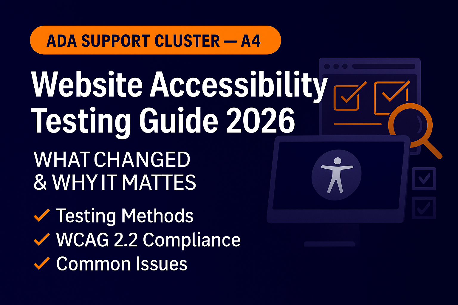 Website Accessibility Testing Guide 2026 graphic with accessibility icons and ADA Compliance 2026 label