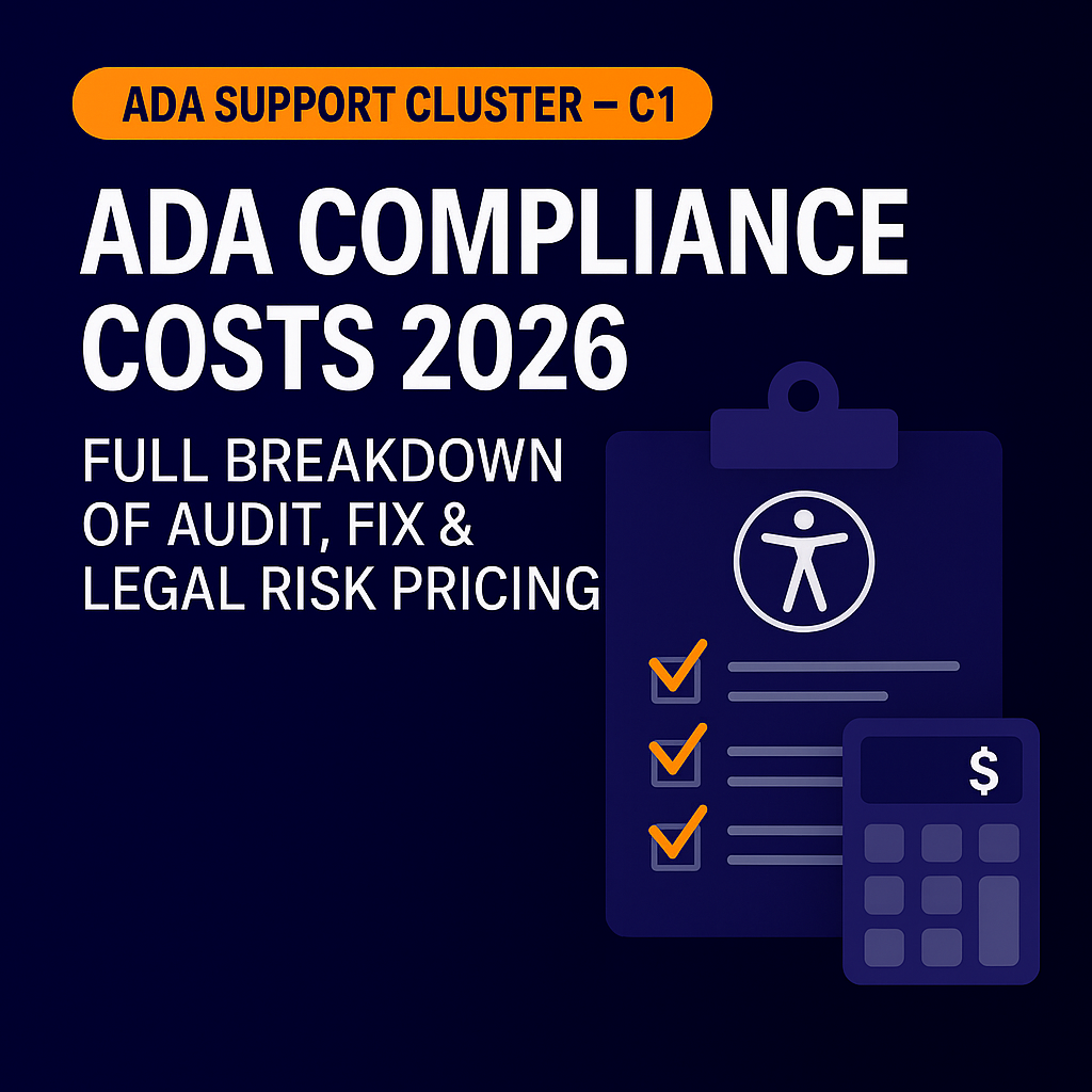 “ADA Compliance Costs 2026 graphic with clipboard, accessibility icon, checklist, and calculator.
