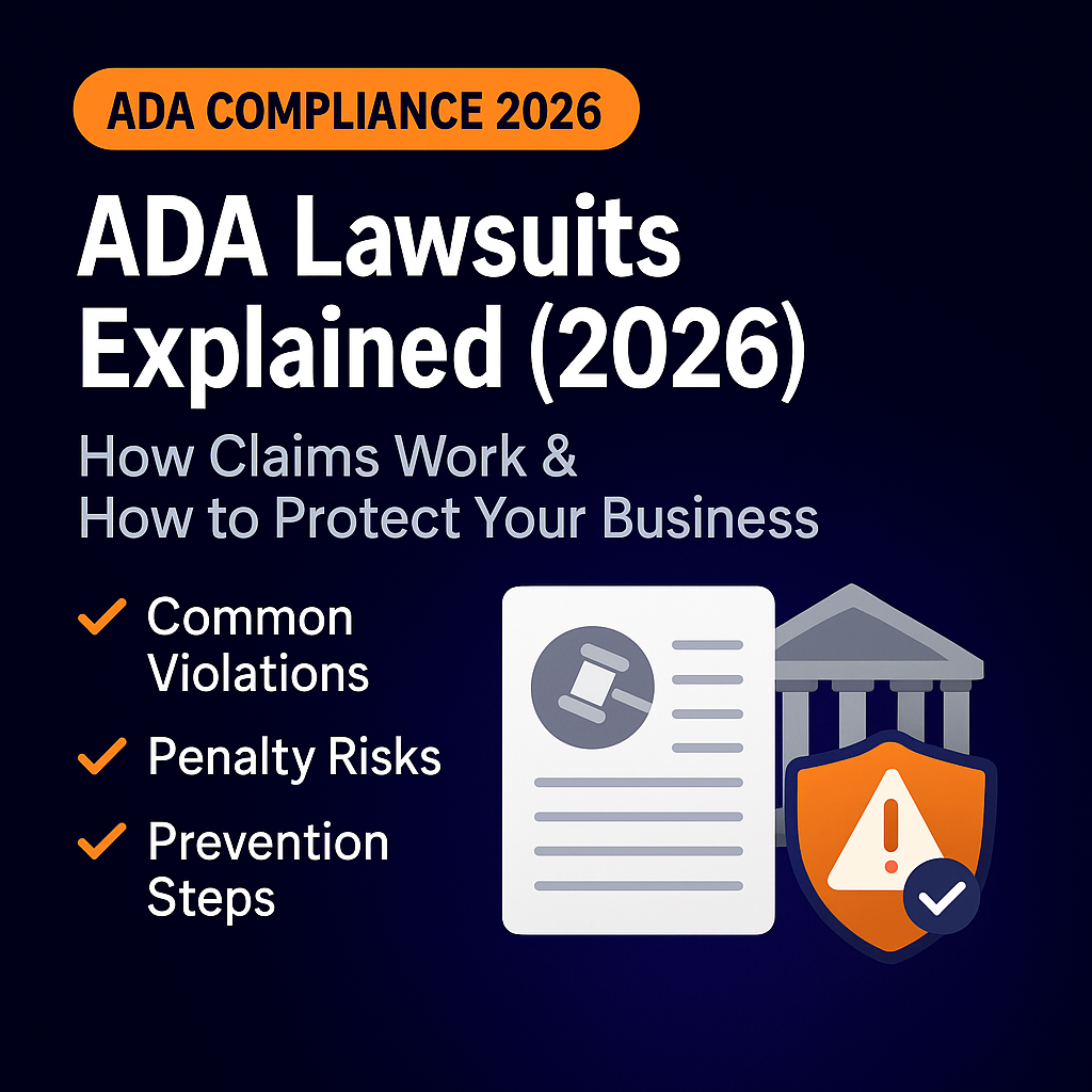 ADA Lawsuits Explained 2026 featured image with dark navy gradient background, orange ADA Compliance 2026 label, bold white headline, checklist of common violations, penalty risks, and prevention steps, next to an illustration of a legal document, courthouse icon, and warning shield