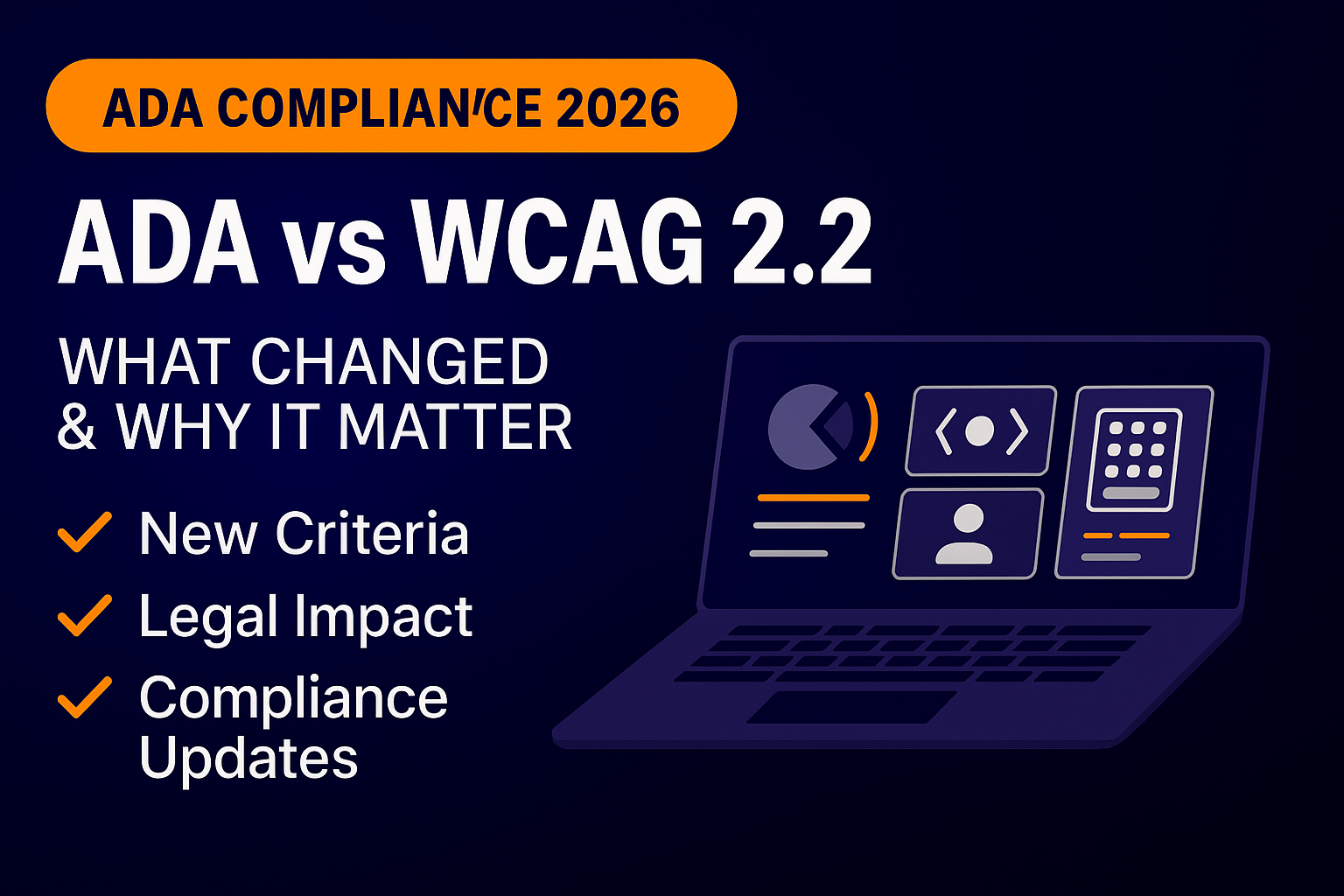 “ADA vs WCAG 2.2 2026 update graphic with checklist items for new criteria, legal impact, and compliance updates shown beside an accessibility-themed laptop illustration.”