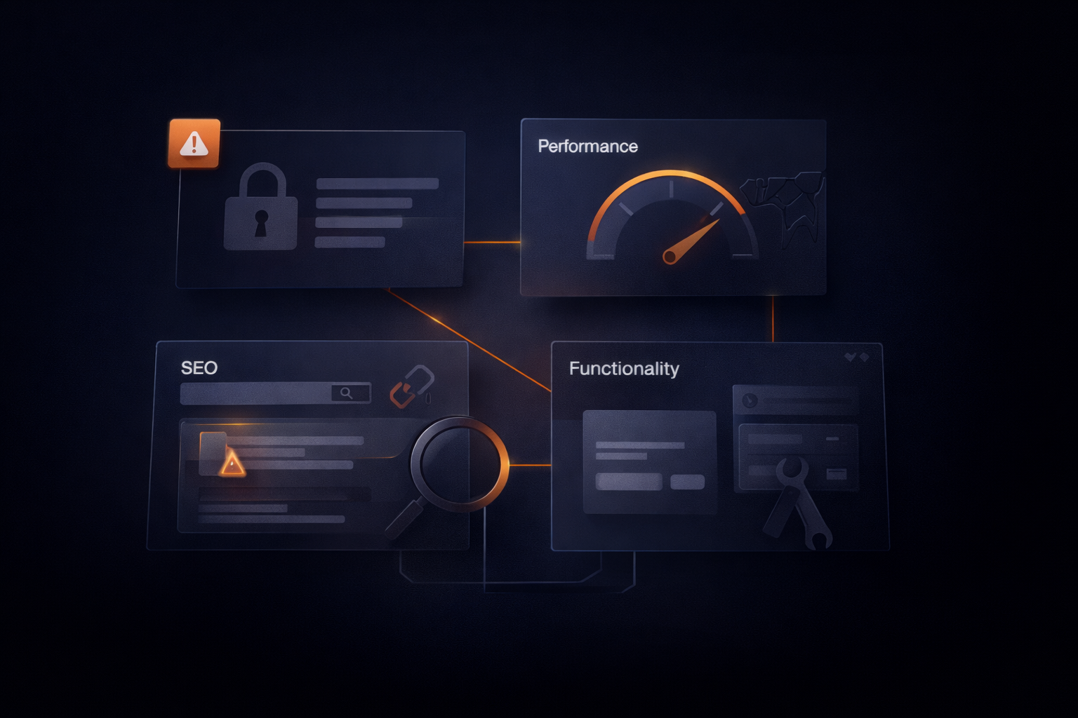 Abstract illustration showing website failure risks such as security, performance, SEO, and functionality using modern interface elements on a dark background
