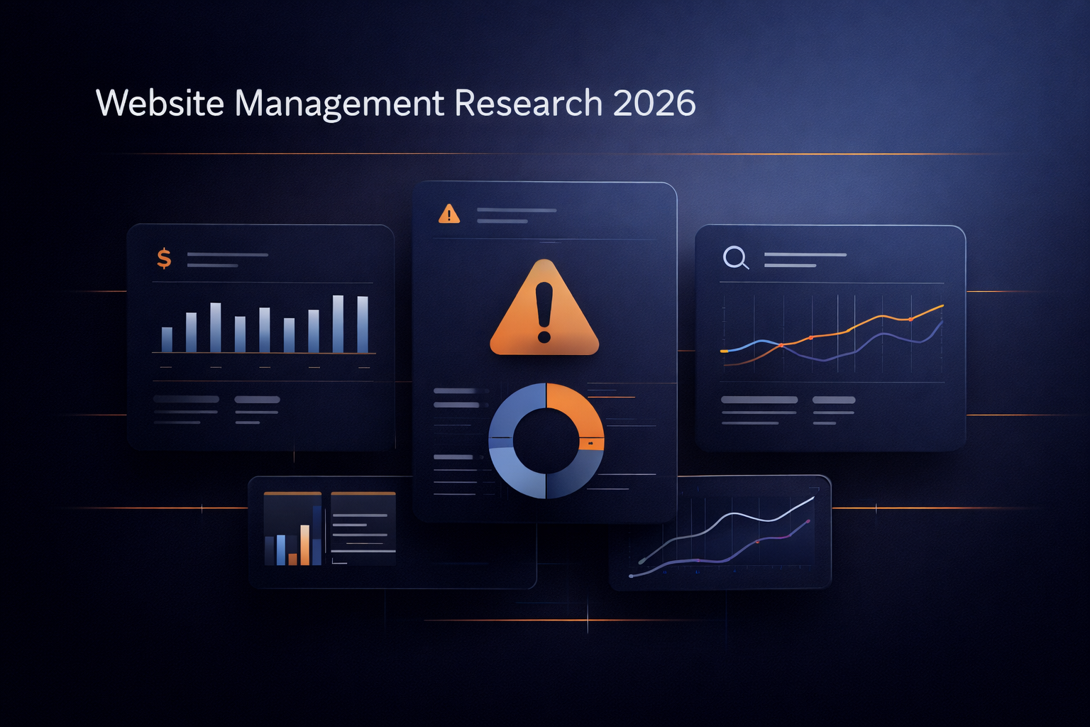 Abstract illustration representing website management research, cost analysis, and risk assessment in 2026 using modern interface elements